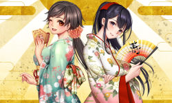 Rule 34 | 2girls, black hair, blush, breasts, female focus, folding fan, hair between eyes, hair ornament, hair scrunchie, hand fan, hands up, happy, head tilt, high ponytail, highres, japanese clothes, kimono, large breasts, long hair, looking at viewer, low ponytail, masami chie, multiple girls, nose blush, obi, one eye closed, open mouth, orange eyes, parted lips, ponytail, purple eyes, purple hair, sash, scrunchie, simple background, smile, standing, tokyo exe girls, upper body, wide sleeves, wink