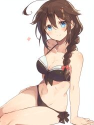 Rule 34 | 1girl, ahoge, bikini, blue eyes, blush, braid, breasts, brown hair, commentary request, front-tie bikini top, front-tie top, hair flaps, hair ornament, hair over shoulder, hair ribbon, highres, kantai collection, long hair, looking at viewer, navel, ribbon, shigure (kancolle), shigure kai ni (kancolle), single braid, smile, solo, swimsuit, yuekuratsu