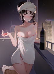 Rule 34 | 1girl, absurdres, alcohol, alternate hairstyle, areola slip, balcony, bare arms, bare shoulders, basket, black hair, blush, bottle, breasts, building, city, cleavage, collarbone, cowboy shot, cup, dated commentary, drinking glass, female pubic hair, highres, holding, holding cup, houraisan kaguya, large breasts, looking at viewer, maho (woaishixiang), naked towel, night, night sky, nose blush, outdoors, parted lips, pubic hair, pubic hair peek, red eyes, short hair, sky, solo, star (sky), starry sky, touhou, towel, towel on head, wine, wine bottle, wine glass