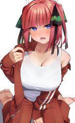 Rule 34 | 1girl, barefoot, between legs, black bra, black ribbon, blue eyes, blunt bangs, blush, bra, butterfly hair ornament, collarbone, commentary, embarrassed, go-toubun no hanayome, hair ornament, hair ribbon, hand between legs, hand up, highres, igarashi kyouhei, jacket, long sleeves, looking at viewer, lower teeth only, nakano nino, open clothes, open jacket, open mouth, pink hair, red track suit, ribbon, see-through, simple background, single bare shoulder, sitting, sleeves past wrists, soles, solo, tank top, teeth, track jacket, underwear, wariza, white background, white tank top