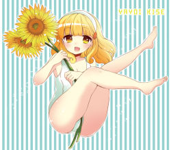 Rule 34 | 10s, 1girl, :d, barefoot, blonde hair, character name, flower, full body, hairband, kise yayoi, looking at viewer, mozuya murasaki, one-piece swimsuit, open mouth, precure, school swimsuit, short hair, smile, smile precure!, solo, striped, striped background, sunflower, swimsuit, vertical stripes, white hairband, white school swimsuit, white one-piece swimsuit, yellow eyes