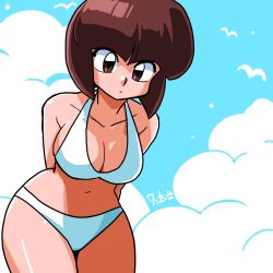 1girl bikini brown_eyes brown_hair cowboy_shot leaning_forward ranma_1/2 solo swimsuit tendou_nabiki wanta_(futoshi)