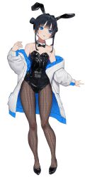 Rule 34 | 1girl, absurdres, animal ears, black footwear, black hair, black leotard, blue eyes, blue jacket, blue theme, blunt bangs, blush, bow, bowtie, breasts, brown pantyhose, covered navel, detached collar, double bun, earrings, fake animal ears, fishnet pantyhose, fishnets, full body, hair bun, hand up, high heels, highleg, highleg leotard, highres, isshiki seiran (mashiro kta), jacket, jewelry, leotard, mashiro kta, off shoulder, open mouth, original, outstretched hand, pantyhose, playboy bunny, pumps, quilted jacket, rabbit ears, see-through, see-through strap, short hair, simple background, small breasts, solo, standing, strapless, strapless leotard, swept bangs, thigh gap, thighs, traditional bowtie, white background, white jacket