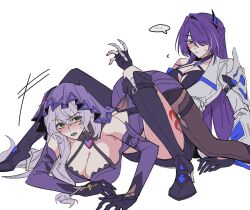 ... 2girls acheron_(honkai:_star_rail) backgun black_footwear black_gloves black_pantyhose black_swan_(honkai:_star_rail) blush breasts cleavage commentary detached_sleeves dress gloves hair_over_one_eye halterneck highres honkai:_star_rail honkai_(series) korean_commentary large_breasts long_hair long_sleeves lying multiple_girls on_ground on_stomach open_mouth pantyhose purple_dress purple_eyes purple_hair purple_sleeves purple_veil sitting spoken_ellipsis veil very_long_hair yuri