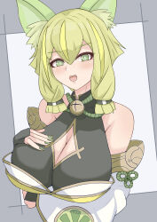 Rule 34 | 1girl, absurdres, alternate breast size, animal ear fluff, animal ears, arm under breasts, bare shoulders, bell, breasts, bridal gauntlets, bright pupils, cleavage, cleavage cutout, clothing cutout, detached sleeves, duel monster, fox ears, gainai (gainai1103), green eyes, highres, hu-li the jewel mikanko, large breasts, light blush, neck bell, open mouth, short hair with long locks, solo, upper body, white pupils, wide sleeves, yu-gi-oh!