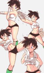 Rule 34 | 1girl, bike shorts, black hair, breasts, cleavage, clenched teeth, crop top, cross-body stretch, dragon ball, dragonball z, hand on own hip, highres, kicking, lewdamone, looking at viewer, medium breasts, motion blur, multiple views, navel, one eye closed, sequential, short hair, smile, speed lines, stomach, stretching, sweat, teeth, toned, towel, training, videl, wrist wrap
