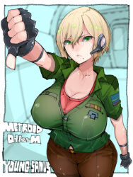 Rule 34 | black gloves, blonde hair, breasts, character name, commentary request, copyright name, cowboy shot, english text, fingerless gloves, gloves, green eyes, hair between eyes, headset, highres, indoors, large breasts, looking at viewer, metroid, metroid: other m, military, mole, mole under mouth, nintendo, samus aran, shirt, short hair, takayama toshinori, thumbs down, uniform