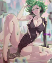 Rule 34 | 1girl, aged up, alternate breast size, artist name, arttoru, ass, bare legs, black dress, blush, breasts, cleavage, covered navel, curly hair, curvy, dress, green eyes, green hair, highres, large breasts, legs apart, lips, long sleeves, looking at viewer, medium hair, no panties, one-punch man, shiny skin, sitting, solo, spread legs, tatsumaki, thick thighs, thighs, torn clothes