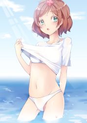 Rule 34 | 1girl, :o, bad id, bad pixiv id, bikini, blue sky, blush, brown hair, clothes lift, eyebrows, flower, gluteal fold, go! princess precure, green eyes, groin, hair flower, hair ornament, haruno haruka, highres, looking at viewer, navel, ocean, open mouth, precure, ronorono, shirt, shirt lift, short hair, short sleeves, sky, solo, standing, swimsuit, thick eyebrows, wading, water, wet, white bikini, white shirt
