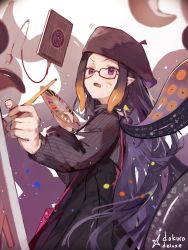 Rule 34 | 1girl, absurdres, bag, black headwear, book, brush, dokuro deluxe, electric plug, fingernails, floating, floating book, floating object, glasses, gradient hair, grey background, highres, holding, holding brush, holding palette, hololive, hololive english, long hair, multicolored hair, ninomae ina&#039;nis, ninomae ina&#039;nis (casual), official alternate costume, orange hair, paint splatter, paint splatter on face, paintbrush, painting (action), palette (object), patterned, pink bag, purple eyes, purple hair, signature, silhouette, simple background, solo, striped clothes, tentacle hair, tentacles, very long hair, virtual youtuber
