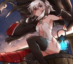 Rule 34 | 1girl, animal ears, bare shoulders, blue eyes, breasts, coat, collar, fate/grand order, fate (series), grey hair, leotard, mary read (fate), scar, short hair, small breasts, sword, thighhighs, weapon