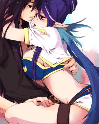 Rule 34 | 00s, 1boy, 1girl, blue hair, breasts, eye contact, hidaka ryou, judith (tales), large breasts, looking at another, midriff, pointy ears, purple hair, red eyes, simple background, tales of (series), tales of vesperia, yuri lowell