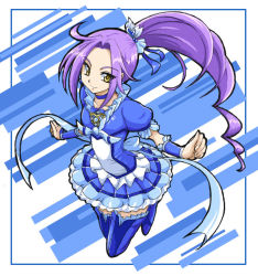 Rule 34 | 10s, 1girl, blue background, blue bow, blue footwear, blue skirt, blue theme, boots, bow, brooch, choker, cure beat, frilled skirt, frills, full body, hair ornament, heart, heart hair ornament, jewelry, kurokawa eren, long hair, looking at viewer, magical girl, parted bangs, precure, purple hair, seiren (suite precure), side ponytail, skirt, smile, solo, suite precure, thigh boots, thighhighs, uraki, wrist cuffs, yellow eyes