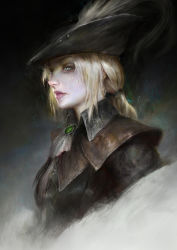 Rule 34 | 1girl, absurdres, ascot, blonde hair, blood, bloodborne, blue eyes, cape, hat, hat feather, highres, lady maria of the astral clocktower, long hair, ponytail, simple background, solo, the old hunters, thedurianart, tricorne, white hair
