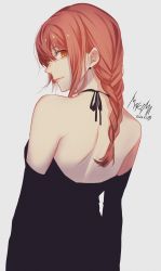 Rule 34 | 1girl, back, back focus, bare shoulders, braid, braided ponytail, chainsaw man, dated, dress, ear piercing, highres, looking at viewer, looking back, makima (chainsaw man), matsumotoasumu, orange eyes, piercing, red hair, ringed eyes, signature, simple background, smile, solo
