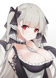 Rule 34 | 1girl, absurdly long hair, azur lane, between breasts, breasts, choker, cleavage, collarbone, commentary request, corset, earrings, formidable (azur lane), frills, hair ribbon, highres, jewelry, large breasts, long hair, meow nyang, necktie, necktie between breasts, platinum blonde hair, pout, red eyes, ribbon, solo, twintails, two-tone dress, two-tone ribbon, upper body, very long hair, white background