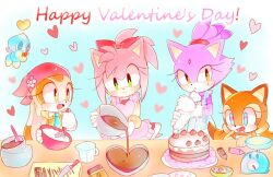 Rule 34 | 4girls, amy rose, blaze the cat, blue eyes, blush, brown eyes, brown fur, cake, candy, cat girl, cheese (sonic), chocolate, chocolate heart, cooking, cream the rabbit, drooling, eyelashes, flowermomo2, food, forehead jewel, fur-trimmed gloves, fur trim, furry, furry female, gloves, green eyes, heart, marine the raccoon, multiple girls, open mouth, pastry, pink fur, ponytail, purple fur, rabbit girl, raccoon girl, ribbon, saliva, smile, sonic (series), valentine, yellow eyes