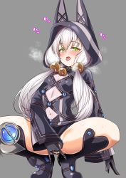 Rule 34 | 1girl, altina orion, animal hood, black footwear, black gloves, black leotard, blush, boots, breasts, breath, cat hood, commentary, commission, covered navel, eiyuu densetsu, falcom, female masturbation, fingering, full body, gloves, green eyes, grey background, hair between eyes, hair bobbles, hair ornament, heavy breathing, highres, hisakabe oto, hood, knee boots, leotard, long hair, masturbation, no panties, open mouth, pussy juice, saliva, see-through, sen no kiseki, sen no kiseki ii, shrug (clothing), silver hair, simple background, small breasts, solo, sound effects, spread legs, squatting, sweat, thighs, tongue, tongue out, twintails