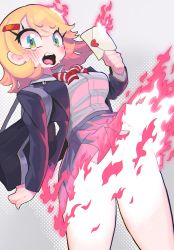 Rule 34 | 1girl, backpack, bag, black jacket, blonde hair, blouse, blush, breasts, burning clothes, commentary, cowboy shot, crying, crying with eyes open, dutch angle, envelope, fire, gashi-gashi, green eyes, grey skirt, hair ornament, highres, holding, holding letter, jacket, letter, love letter, open mouth, panties, red neckwear, school uniform, shirt, skirt, solo, symbol-only commentary, tears, teeth, underwear, upper teeth only, white shirt