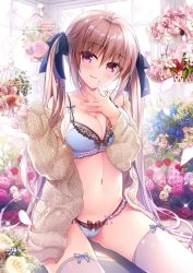 Rule 34 | 1girl, bare shoulders, blue bra, blue panties, blue ribbon, blush, bra, breasts, brown hair, closed eyes, flower, hair ribbon, hand on own chest, indoors, large breasts, long sleeves, looking at viewer, nanaca box, navel, off shoulder, original, panties, red eyes, ribbon, ribbon panties, rose, sitting, solo, sweater, thighhighs, tongue, tongue out, twintails, underwear, white thighhighs