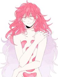 Rule 34 | 1other, androgynous, colored eyelashes, crystal hair, eeennnka, gem, hair between eyes, houseki no kuni, light smile, long hair, looking at viewer, nude, padparadscha (houseki no kuni), red eyes, red hair, smile, solo, very long hair, wavy hair, white background