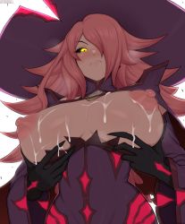 Rule 34 | 1girl, afrobull, blazblue, breasts, breasts out, cum, cum on body, cum on breasts, cum on upper body, from below, hat, highres, huge breasts, konoe a. mercury, looking at viewer, nipples, pink hair, solo, suggestive fluid, witch hat
