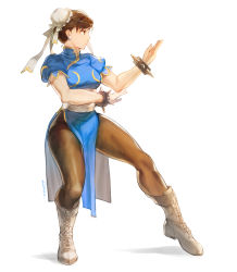 Rule 34 | 1girl, absurdres, artist name, boots, bracelet, breasts, brown eyes, brown hair, brown pantyhose, capcom, china dress, chinese clothes, chun-li, commentary request, cross-laced footwear, double bun, dress, earrings, fighting stance, full body, hair bun, hair ornament, highres, jewelry, knee boots, lace-up boots, looking away, medium breasts, pantyhose, pelvic curtain, puffy short sleeves, puffy sleeves, shadow, short sleeves, signature, simple background, solo, spiked bracelet, spikes, standing, street fighter, suvin (mononochi), turtleneck, white background, white footwear