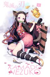 Rule 34 | 1girl, animal ears, bamboo, bell, bit gag, black hair, bow, breasts, brown hair, cat ears, cat girl, cat tail, character name, cheese, commentary request, fingernails, food, forehead, gag, gradient hair, hair ribbon, highres, japanese clothes, kamado nezuko, kemonomimi mode, kimetsu no yaiba, kimono, long fingernails, long hair, long sleeves, looking at viewer, lying, mandrill, mouse ears, mouth hold, multicolored hair, nail polish, obi, on side, pink bow, pink eyes, pink kimono, pink ribbon, red nails, ribbon, sash, sharp fingernails, small breasts, tail, tail bow, tail ornament, two-tone hair, very long hair