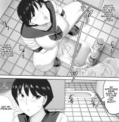 Rule 34 | 1girl, bathroom, blush, bottomless, breasts, collarbone, from above, large breasts, looking back, looking up, monochrome, open mouth, peeing, puddle, pussy, sanbaizu, school uniform, shirt, shoes, short hair, short sleeves, squat toilet, squatting, steam, sweatdrop, toilet, uncensored, walking, you&#039;re doing it wrong