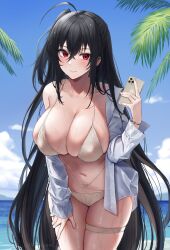 Rule 34 | 1girl, ahoge, azur lane, beach, bikini, black hair, blue sky, breasts, cellphone, closed mouth, cloud, day, highres, holding, holding phone, large breasts, leaning forward, long hair, navel, ocean, outdoors, phone, red eyes, shirt, single bare shoulder, sky, smartphone, solo, stomach, swimsuit, taihou (azur lane), taihou (seaside daydreams) (azur lane), thigh strap, very long hair, wet, white bikini, white shirt, yorugami rei