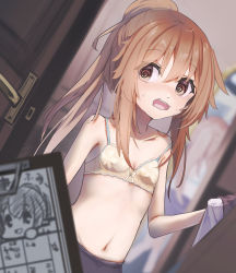 Rule 34 | 1girl, blurry, bra, breasts, brown hair, clipboard, collarbone, commentary request, depth of field, door, dutch angle, fumizuki (kancolle), highres, kantai collection, logiclr, long hair, looking at viewer, navel, open mouth, ponytail, red eyes, small breasts, solo, surprised, underwear, upper body, white bra