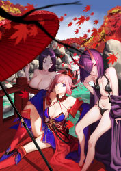 Rule 34 | 3girls, absurdres, autumn, autumn leaves, bare shoulders, barefoot, bikini, bikini top only, black choker, blue bikini, blue kimono, blue skirt, breast rest, breasts, choker, covered erect nipples, day, detached sleeves, fate/grand order, fate (series), folded ponytail, freze, hair over one eye, halterneck, highres, horns, japanese clothes, kimono, large breasts, leaf, long hair, looking at viewer, magatama, maple leaf, minamoto no raikou (fate), miyamoto musashi (fate), miyamoto musashi (third ascension) (fate), multiple girls, nude, obi, oil-paper umbrella, oni, open clothes, open kimono, open mouth, outdoors, parted bangs, pink hair, purple eyes, purple hair, purple kimono, red legwear, revealing clothes, river, rock, sash, short hair, shuten douji (fate), sitting, skin-covered horns, skirt, small breasts, swept bangs, swimsuit, umbrella, water