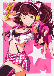 Rule 34 | 1girl, black choker, bow, breasts, brown eyes, brown hair, choker, commentary request, double v, fingerless gloves, gloves, grin, hair bow, highres, idol, kujikawa rise, long hair, looking at viewer, medium breasts, midriff, navel, official alternate costume, one eye closed, pekeponn, persona, persona 4, persona 4: dancing all night, persona dancing, pink bow, pink gloves, pink skirt, single glove, skirt, smile, solo, stomach, teeth, twintails, v