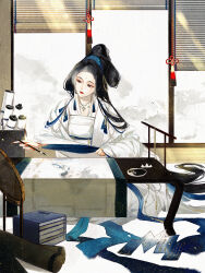 Rule 34 | 1girl, black hair, blue theme, book, book stack, bracelet, calligraphy brush, chinese clothes, chinese commentary, earrings, facial mark, forehead mark, hair bun, half updo, hand mirror, hanfu, highres, holding calligraphy brush, holding paintbrush, indian style, indoors, jewelry, lipstick, long hair, long sleeves, makeup, mirror, necklace, one eye closed, original, paintbrush rack, qfc-kiyoi, rain, red lips, robe, scroll, sitting, solo, table, tassel, tassel earrings, very long hair, white robe, window, window blinds, writing