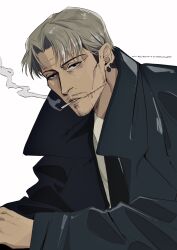 Rule 34 | 1boy, artist name, black coat, black necktie, chainsaw man, cigarette, coat, collared shirt, curtained hair, ear piercing, facial hair, feenwege, formal, grey hair, highres, kishibe (chainsaw man), looking at viewer, necktie, piercing, shirt, short hair, simple background, smoke, smoking, solo, stitched mouth, stitches, stubble, suit, undercut, white background, white shirt