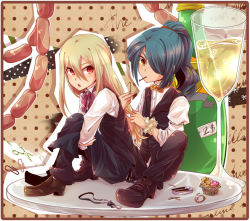Rule 34 | 2boys, adjusting another&#039;s hair, alcohol, blonde hair, blue hair, bow, bowtie, brown eyes, champagne, food, full body, hair over one eye, inazuma eleven, inazuma eleven (series), inumaru akagi, kazemaru ichirouta, long hair, male focus, multiple boys, ponytail, red eyes, sausage, shoes, vest