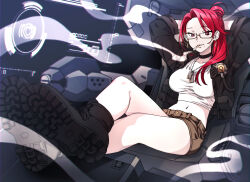 1girl armored_core armored_core_6 arms_behind_head black_footwear black_jacket brown_footwear cigarette cinder_carla cocopeace crop_top earrings glasses hair_bun highres jacket jewelry mole mole_under_mouth mouth_hold navel red_eyes red_hair shirt smoke solo white_shirt