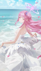 Rule 34 | 1girl, 1s44c, blue archive, dress, halo, looking at viewer, mika (blue archive), ocean, petals, pink hair, solo, white dress