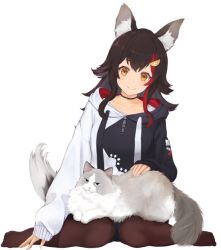 Rule 34 | 1girl, ^ ^, animal, animal ear fluff, animal ears, animal on lap, animated, animated png, black hair, black hoodie, cat, closed eyes, closed mouth, ear wiggle, flipped hair, hololive, hood, hoodie, long hair, looking at animal, looking at viewer, multicolored hair, on lap, ookami mio, ookami mio (casual), pantyhose, petting, piisu, red hair, sidelocks, sitting, solo, streaked hair, taiga (ookami mio), tail, tail wagging, transparent background, two-tone hoodie, virtual youtuber, wariza, white hoodie, wolf ears, wolf girl, yellow eyes