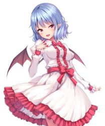Rule 34 | 1girl, bat wings, blue hair, bow, bowtie, breasts, commentary, cowboy shot, dress, frills, juliet sleeves, junior27016, long sleeves, looking at viewer, medium breasts, no headwear, open mouth, pointy ears, puffy sleeves, red bow, red bowtie, red eyes, red sash, remilia scarlet, sash, short hair, smile, solo, touhou, white dress, wings