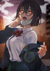 Rule 34 | 1girl, absurdres, black hair, blue jacket, blurry, blurry background, bow, breasts, collared shirt, cowboy shot, dress shirt, fangs, glasses, glowing, glowing eyes, green skirt, hair between eyes, highres, jacket, lens flare, long fangs, long sleeves, looking at viewer, mask, mask pull, medium breasts, mouth mask, off shoulder, open clothes, open jacket, open mouth, original, outdoors, plaid, red bow, red eyes, red neckwear, sameda koban, school uniform, shirt, short hair, skirt, slit pupils, solo, tongue, twilight, vampire, white shirt
