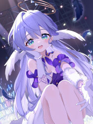 Rule 34 | 1girl, absurdres, aqua eyes, bare shoulders, black feathers, breasts, cleavage, detached sleeves, dress, earrings, falling feathers, feathers, gloves, hair between eyes, halo, hand on own cheek, hand on own face, head wings, highres, honkai: star rail, honkai (series), jewelry, long hair, looking at viewer, medium breasts, mou banlangen, open mouth, purple dress, purple hair, robin (honkai: star rail), short sleeves, sitting, solo, stage lights, teeth, two-tone dress, upper teeth only, white dress, white gloves, white wings, wings