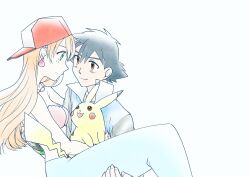 Rule 34 | 1boy, 1girl, artist request, ash ketchum, baseball cap, beads, bikini, black hair, breasts, brown hair, creature, creatures (company), earrings, eye contact, eyelashes, game freak, gen 1 pokemon, green eyes, hair ornament, hat, holding, holding creature, holding pokemon, jewelry, long hair, looking at another, medium breasts, mermaid, mermaid misty (pokemon), misty (pokemon), monster girl, necklace, nintendo, orange hair, pikachu, pokemon, pokemon (anime), pokemon (classic anime), pokemon (creature), purple shorts, seashell, sh ketchum, shell, shell bikini, shirt, short hair, short sleeves, shorts, smile, source request, swimsuit