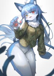 Rule 34 | 1boy, :3, absurdres, ahoge, animal ear fluff, animal ears, blue hair, blunt bangs, blush, bottomless, breasts, camouflage, camouflage jacket, camouflage shirt, cat boy, cat ears, fangs, fur collar, furry, furry male, green jacket, hakusyokuto, heterochromia, highres, jacket, japan air self-defense force omaezaki sub-base, large breasts, long hair, male with breasts, military jacket, multicolored hair, omaneko, open mouth, red eyes, shirt, solo, split tail, streaked hair, trap, white hair, yellow eyes