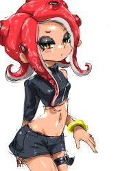 Rule 34 | 1girl, agent 8 (splatoon), arm behind back, belt, belt buckle, black belt, black shirt, black skirt, blue pupils, buckle, cowboy shot, crop top, eyelashes, groin, highres, koharu2.5, long hair, miniskirt, navel, nintendo, octoling, octoling girl, octoling player character, orange eyes, parted lips, red hair, shirt, simple background, single bare shoulder, single sleeve, skirt, solo, splatoon (series), splatoon 2, splatoon 2: octo expansion, suction cups, tentacle hair, thigh belt, thigh strap, white background, zipper