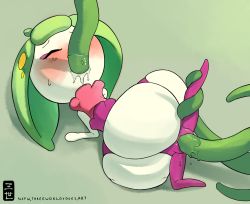 Rule 34 | 1girl, ahoge, artist name, blush, closed eyes, colored skin, creatures (company), double penetration, drooling, female focus, flat chest, full body, game freak, gen 7 pokemon, green background, green hair, highres, leg up, long hair, lying, monster girl, multicolored skin, nintendo, nose blush, on back, oral, plant girl, pokemon, pokemon (creature), purple skin, pussy, pussy juice, saliva, simple background, solo, spread legs, steenee, sweat, tentacle sex, tentacles, threeworlds, two-tone skin, uncensored, vaginal, vine tentacle, watermark, web address, white skin