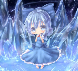 Rule 34 | 1girl, barefoot, blue eyes, blue hair, bow, chibi, cirno, clenched hands, crystal, dress, hair bow, hands on own chest, ice, kisa (k isa), looking at viewer, matching hair/eyes, night, outdoors, pigeon-toed, ponytail, puffy short sleeves, puffy sleeves, ribbon, shooting star, short hair, short sleeves, sky, solo, star (sky), starry sky, touhou, wings