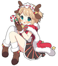 Rule 34 | 1girl, alternate costume, animal costume, asymmetrical legwear, black skirt, blonde hair, blush, boots, braid, brown footwear, brown gloves, candy, candy cane, cloak, copyright request, fake antlers, food, full body, fur-trimmed boots, fur-trimmed cloak, fur-trimmed gloves, fur trim, g36 (every child&#039;s x&#039;mas dream) (girls&#039; frontline), g36 (girls&#039; frontline), glasses, gloves, green eyes, holding, holding food, looking at viewer, mauve, open mouth, red cloak, red shirt, reindeer costume, shirt, simple background, single sock, single thighhigh, sitting, skirt, socks, solo, star (symbol), striped clothes, striped skirt, thighhighs, uneven legwear, vertical-striped clothes, vertical-striped skirt, white background, white socks