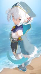 Rule 34 | 1girl, beach, black skirt, blue eyes, day, gaou musubi, highres, indie virtual youtuber, long sleeves, looking at viewer, looking back, ocean, open clothes, outdoors, pleated skirt, pointy ears, sand, shoes, skirt, smile, solo, sorotu, standing, virtual youtuber, white hair