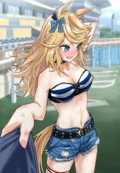 Rule 34 | 1girl, @ @, animal ears, arm up, bandeau, banpunsik, bare arms, bare shoulders, belt, black belt, blonde hair, blue bow, blue eyes, blush, bow, breasts, cleavage, cowboy shot, cutoffs, denim, denim shorts, foreshortening, gold city (umamusume), hair bow, highres, horse ears, long hair, medium breasts, midriff, navel, nose blush, open mouth, outdoors, short shorts, shorts, solo, standing, stomach, strapless, striped bandeau, thigh strap, thighs, tube top, umamusume